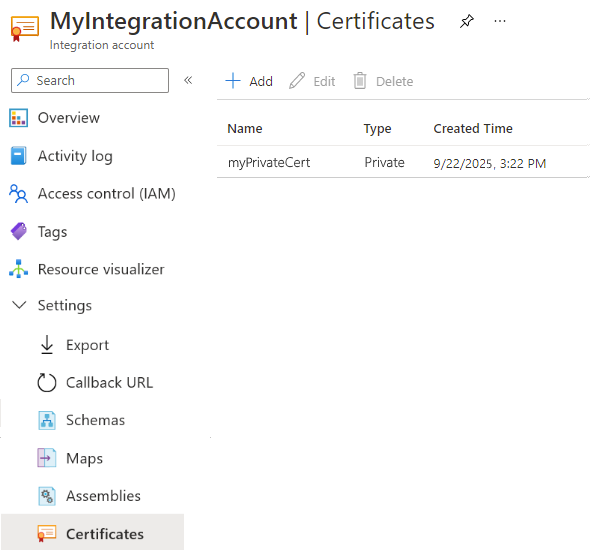 Screenshot that shows the integration account and Certificates page with the private certificate.