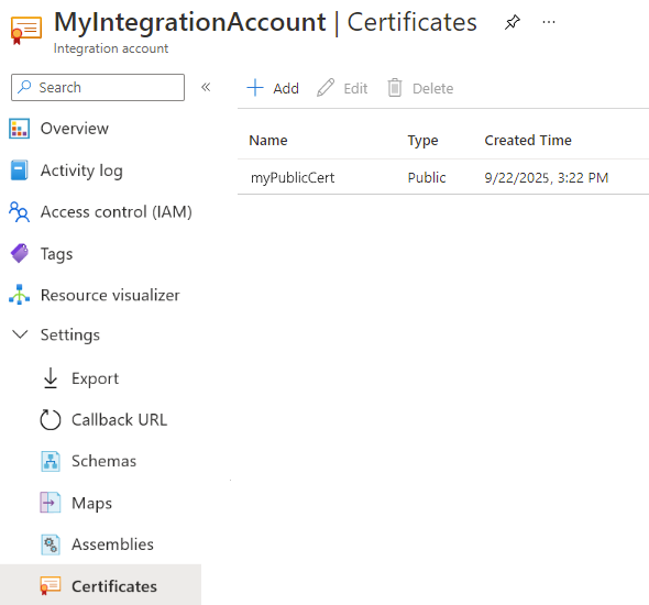 Screenshot shows the integration account and the Certificates page with the public certificate.