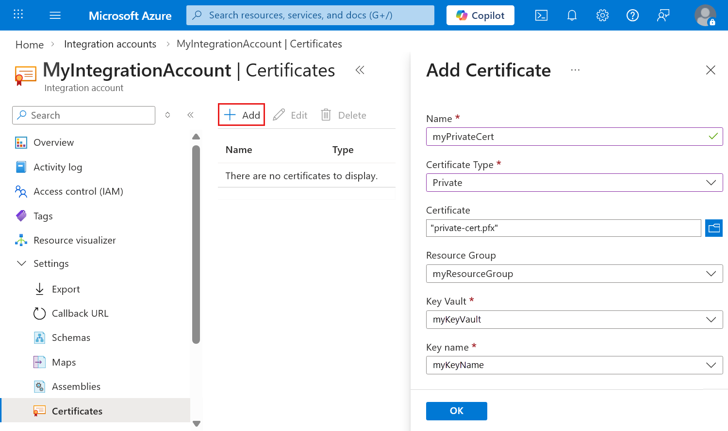 Screenshot shows the Azure portal, integration account, Certificates page toolbar with Add selected, and the Add Certificate pane with private certificate details.