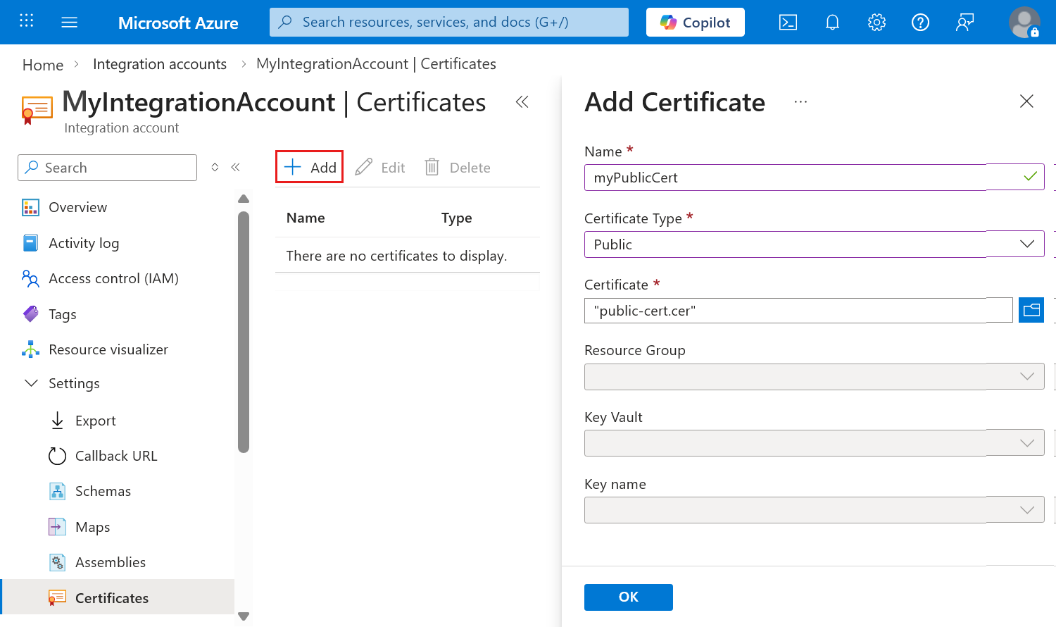 Screenshot shows the Azure portal, integration account, Certificates page toolbar with Add selected, and the Add Certificate pane with public certificate details.