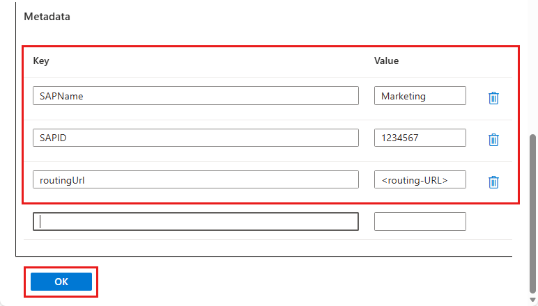 Screenshot shows the Edit pane for TradingPartner1 with three key-value pairs highlighted and OK selected.