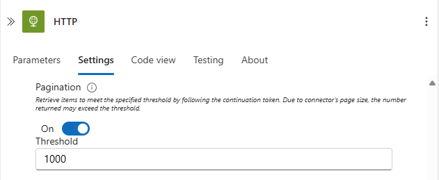 Screenshot shows the action information pane with the Settings tab, Pagination set to On, and a Threshold value.