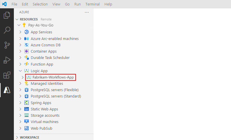 Screenshot shows Visual Studio Code with Resources section and deployed Standard logic app resource.