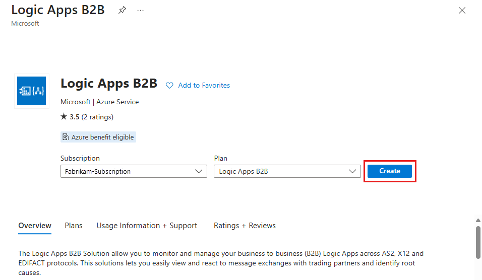 Screenshot shows Create selected to add Logic Apps B2B solution.