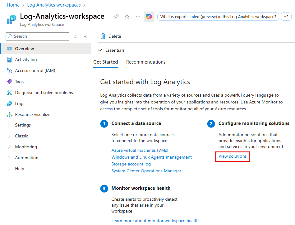 Screenshot shows the Overview page for your workspace where you can select View solutions.