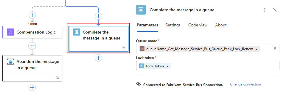 Screenshot shows Complete message action for Standard workflow.