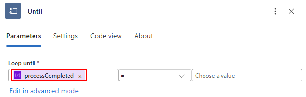 Screenshot shows the resolved expression for processCompleted variable.