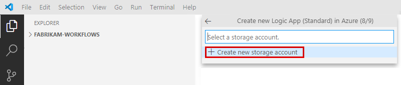 Screenshot shows the Azure: Logic Apps (Standard) pane and a prompt to create or select a storage account.