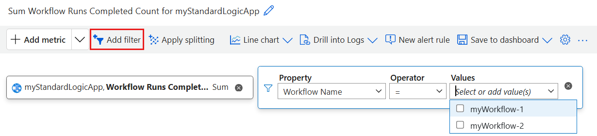 Screenshot shows an example with an added metrics filter for a Standard logic app workflow.