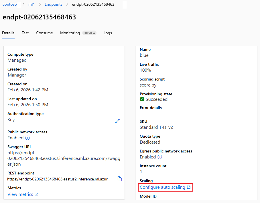 Screenshot that shows how to select the option to configure autoscaling for an endpoint.