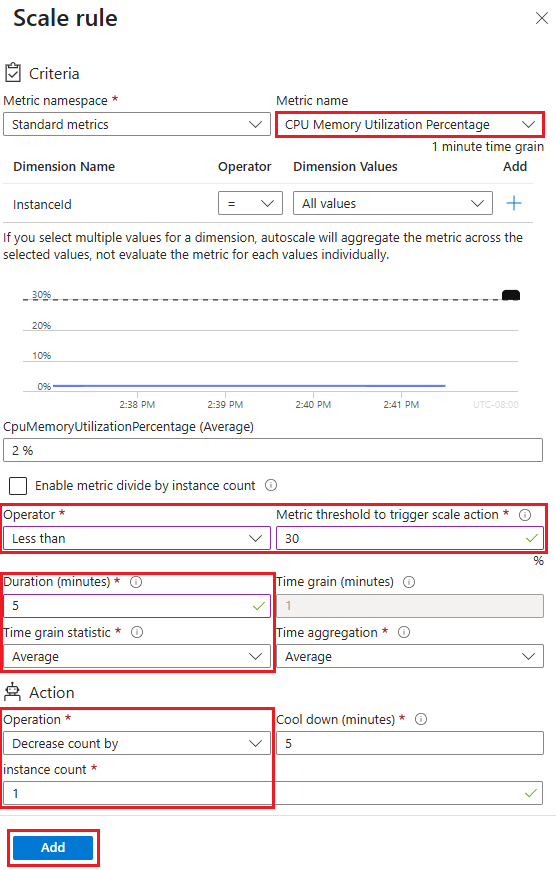 Screenshot that shows how to configure the scale in rule for less than 30% CPU for 5 minutes.