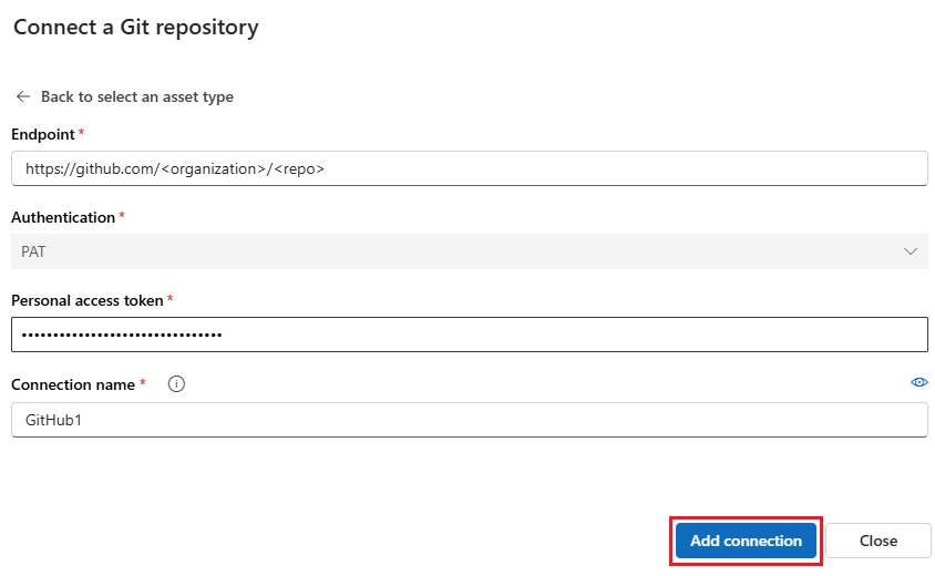 Screenshot of the Git connection screen in Azure Machine Learning studio UI.
