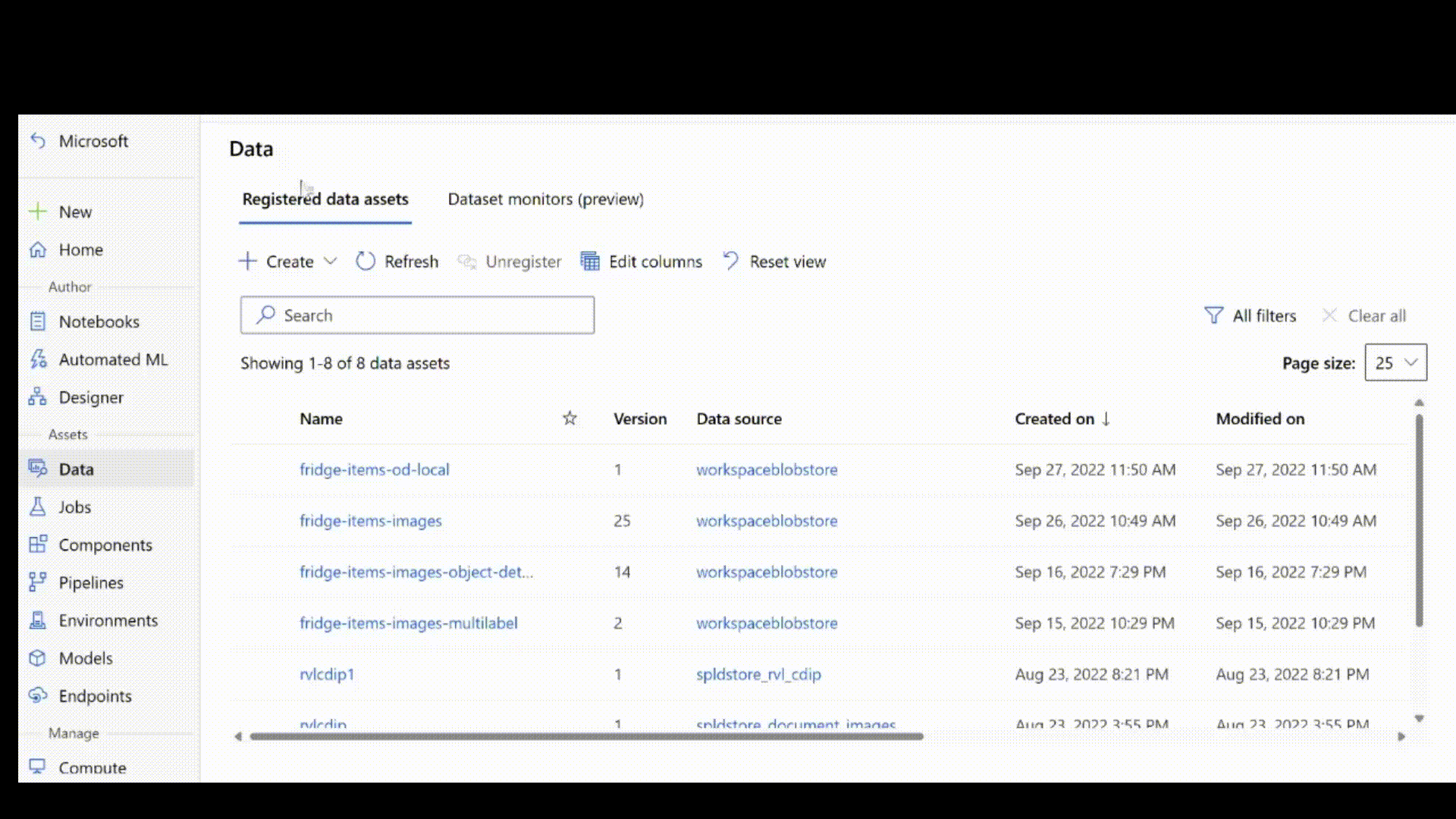 Animation showing how to register a data asset from data already present in datastore.