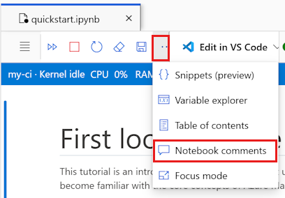 Screenshot of notebook comments tool in the top toolbar.