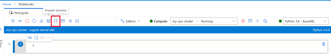 Open snippet panel tool in the notebook toolbar