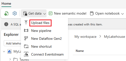 A screenshot showing how to upload data to an existing folder in OneLake.