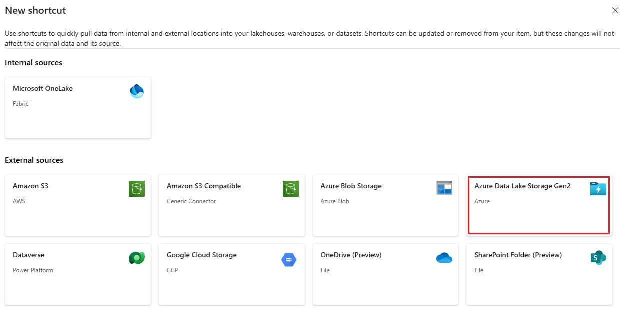 A screenshot showing how to create an Azure Data Lake Storage Gen2 shortcut.