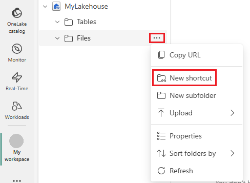 A screenshot showing how to create a new shortcut in a lakehouse.