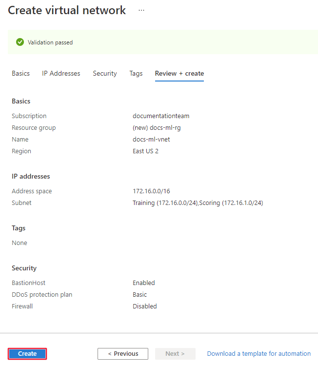Screenshot of the virtual network review and create page.
