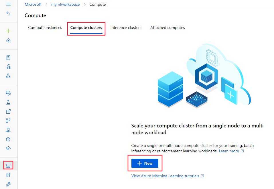 Screenshot of the compute clusters page, with the new button selected.
