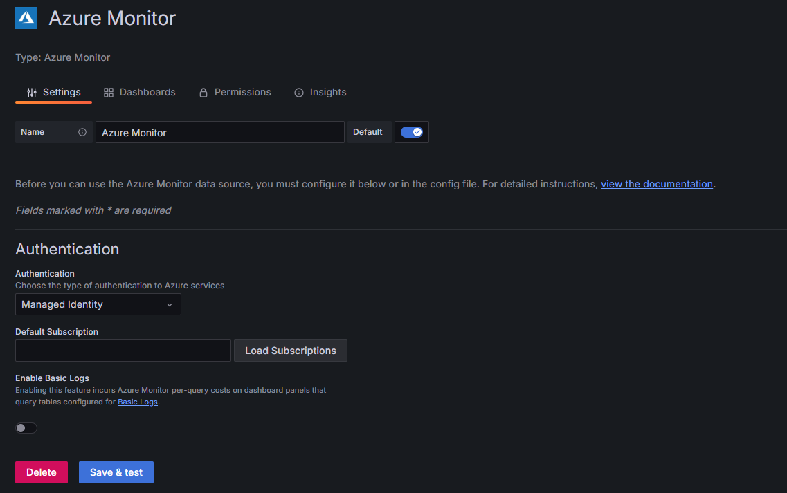 Screenshot of Grafana showing Azure Monitor data source configuration.