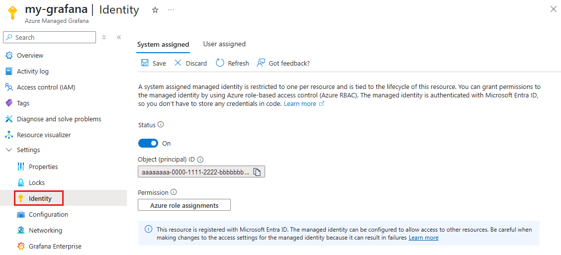 Screenshot of the Azure portal. Enabling a system-assigned managed identity.