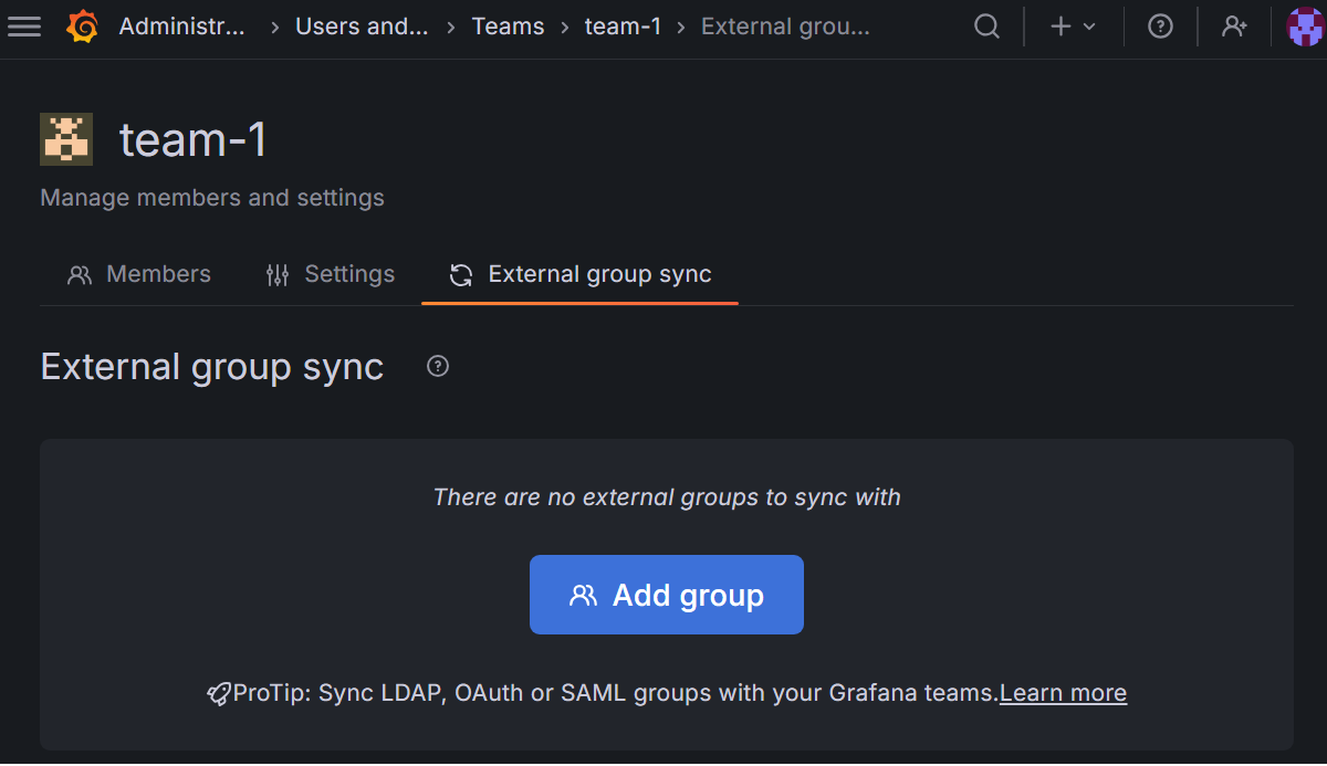 Screenshot of the Grafana UI, selecting the Add group action.