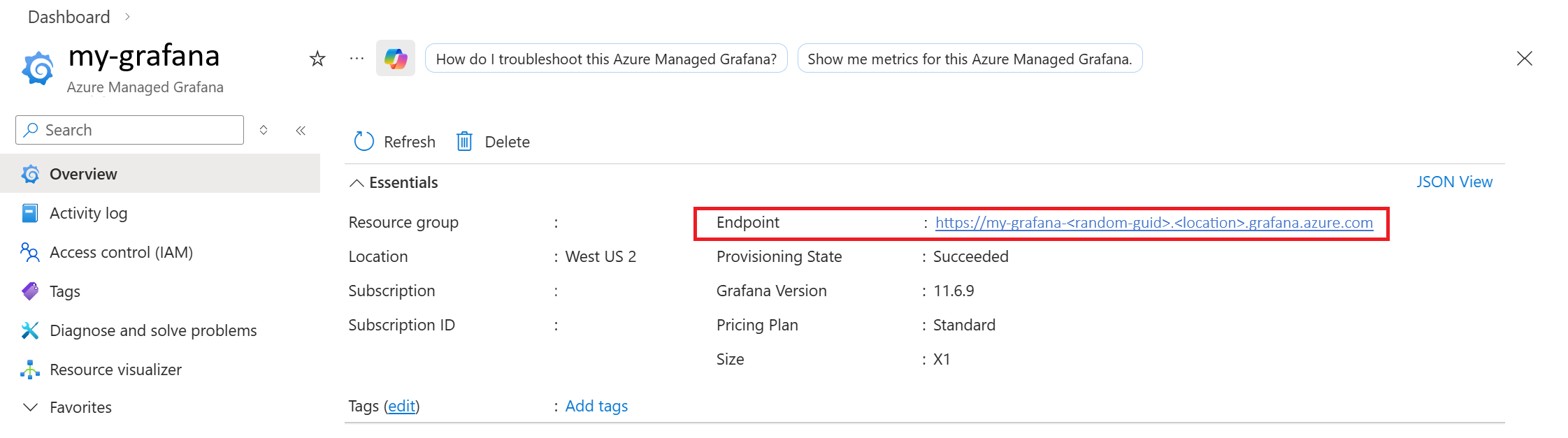 Screenshot of Azure portal showing the Azure Managed Grafana endpoint on the Overview page.