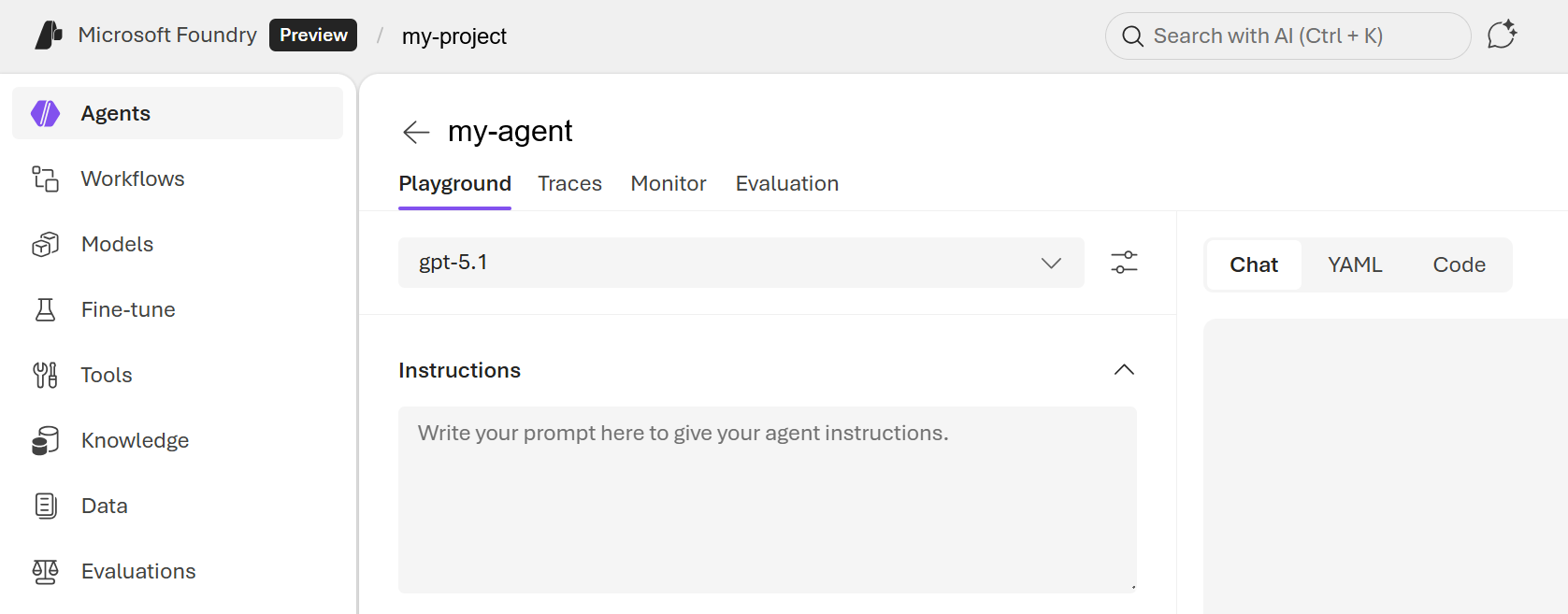 Screenshot of Azure AI Foundry showing the New agent creation flow.