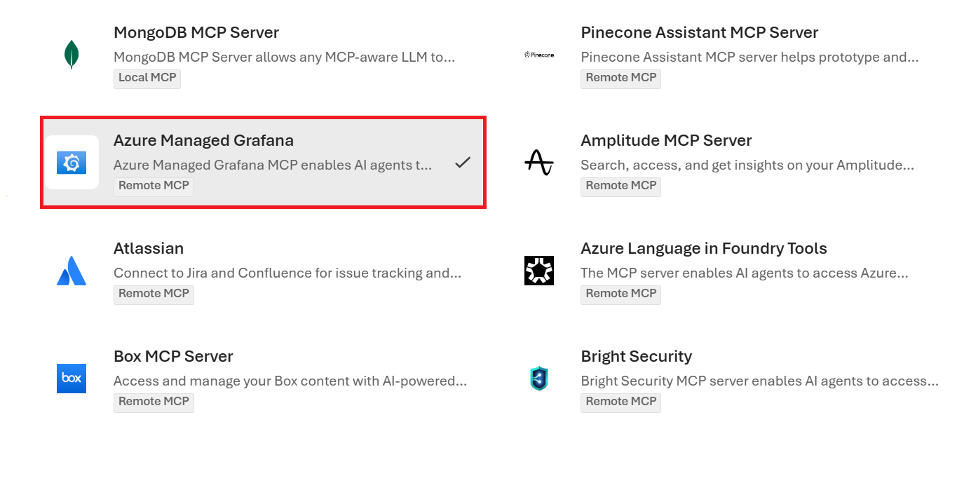 Screenshot of Azure AI Foundry agent tool catalog with Azure Managed Grafana selected.