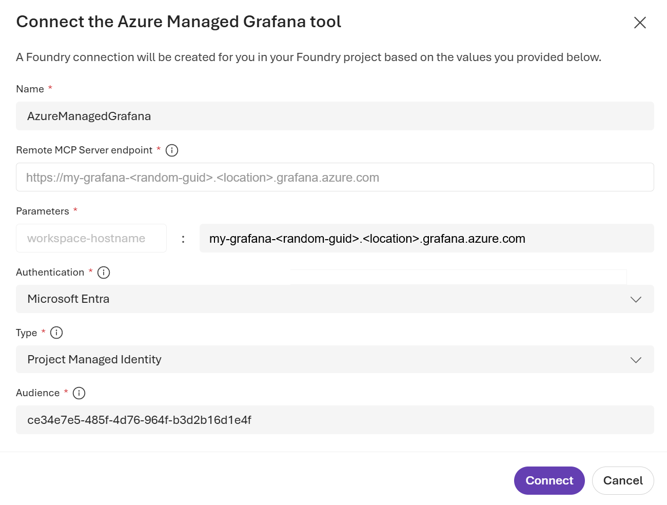 Screenshot of Azure AI Foundry showing Azure Managed Grafana MCP tool configuration values.