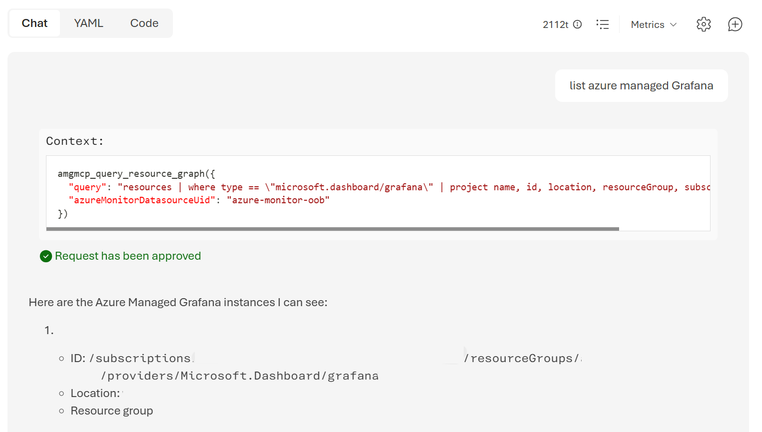 Screenshot of Azure AI Foundry chat where the agent invokes Azure Managed Grafana MCP tools.