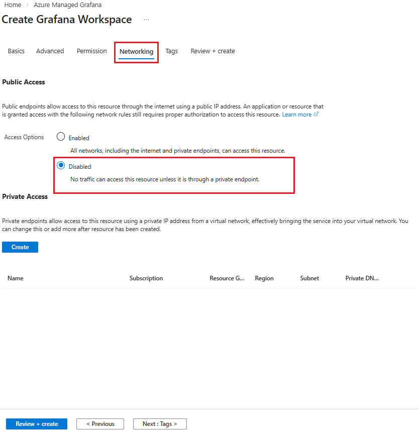 Screenshot of the Azure portal disabling public access during Grafana workspace creation.