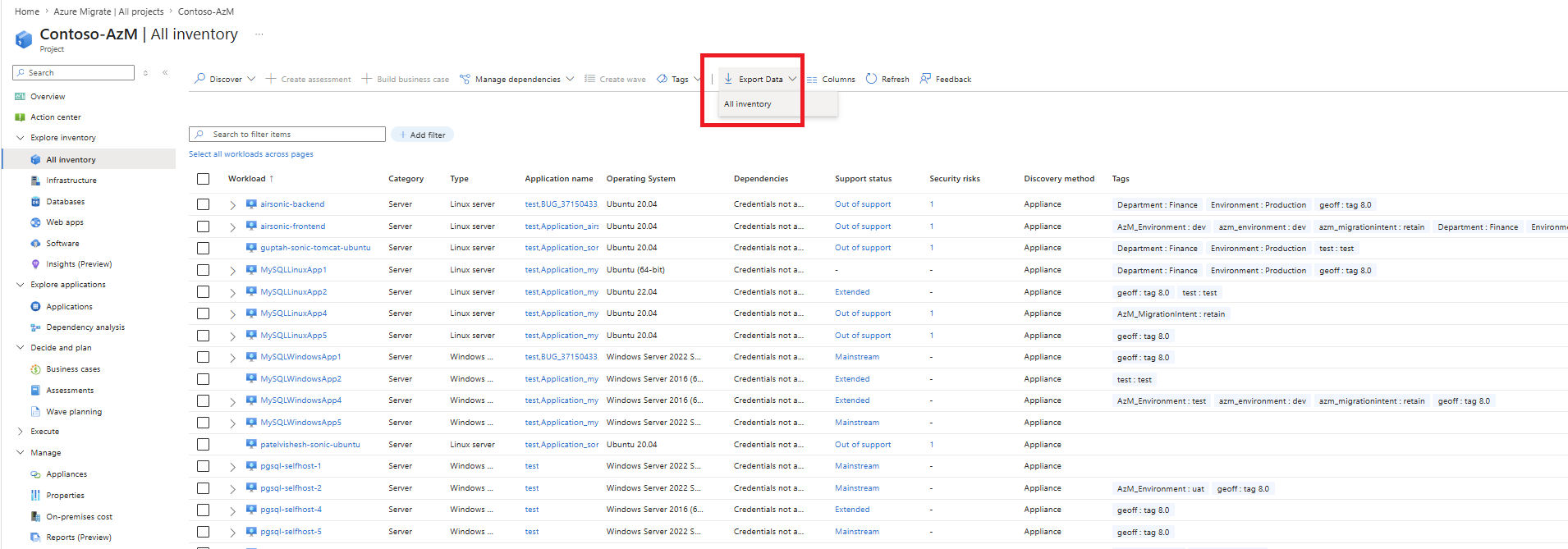 Screenshot shows inventory list with Export Data tab expanded to show All inventory option.