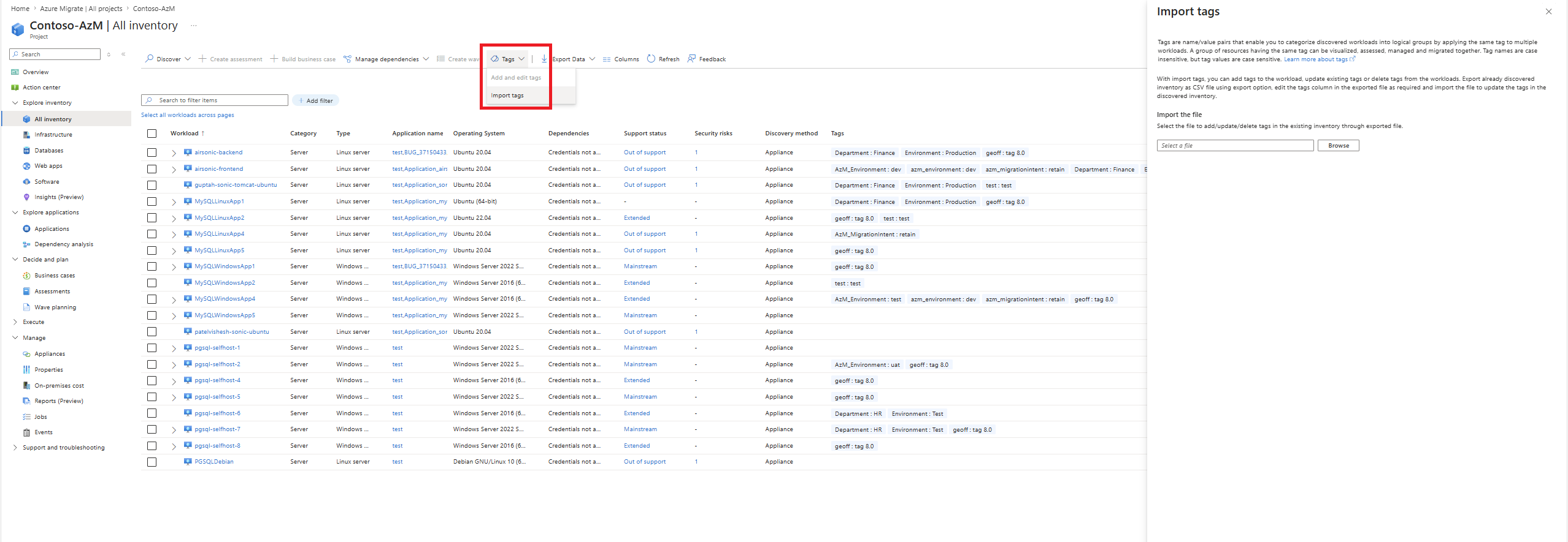 Screenshot shows inventory with the Tags menu open and Import tags panel is displayed.