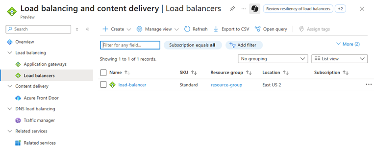 Screenshot of the Azure portal Load balancing page showing existing load balancer resources with columns for name, resource group, and location.