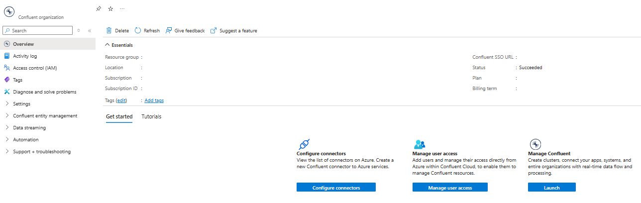Screenshot that shows a Confluent resource in the Azure portal with the overview displayed in the working pane.