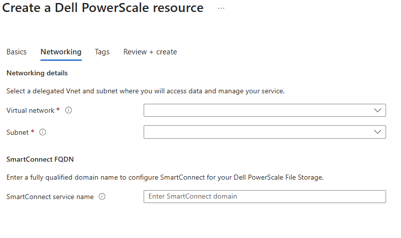 Screenshot that shows the Networking tab of the Create a Dell PowerScale resource page.