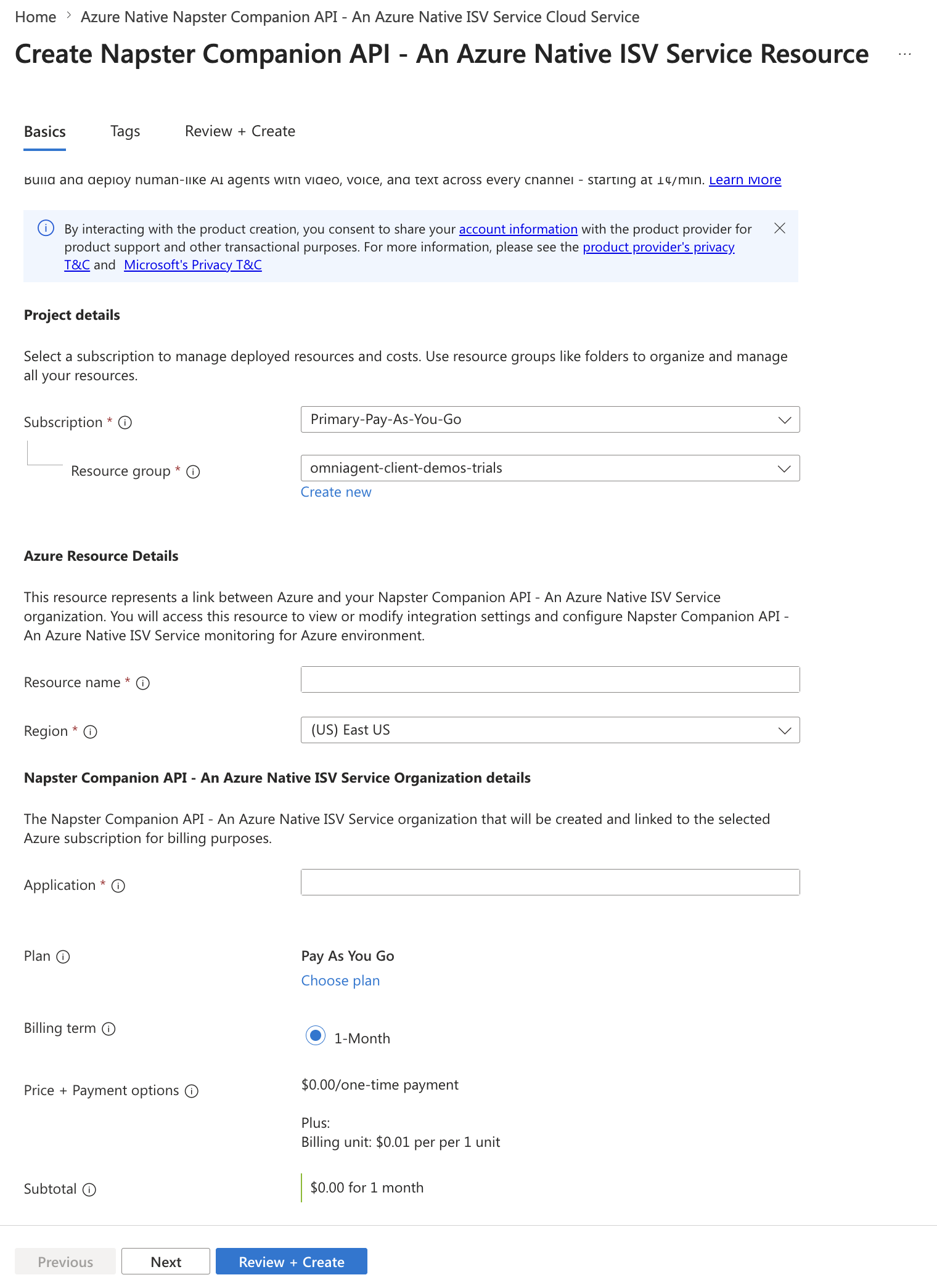 A screenshot of the Create a Napster API resource options inside of the Azure portal's working pane with the Basics tab displayed.