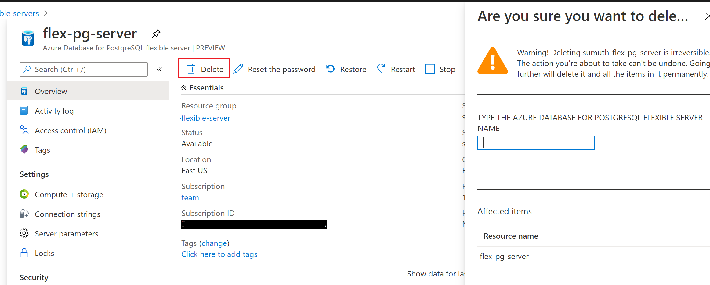 Delete the Azure Database for PostgreSQL flexible server.