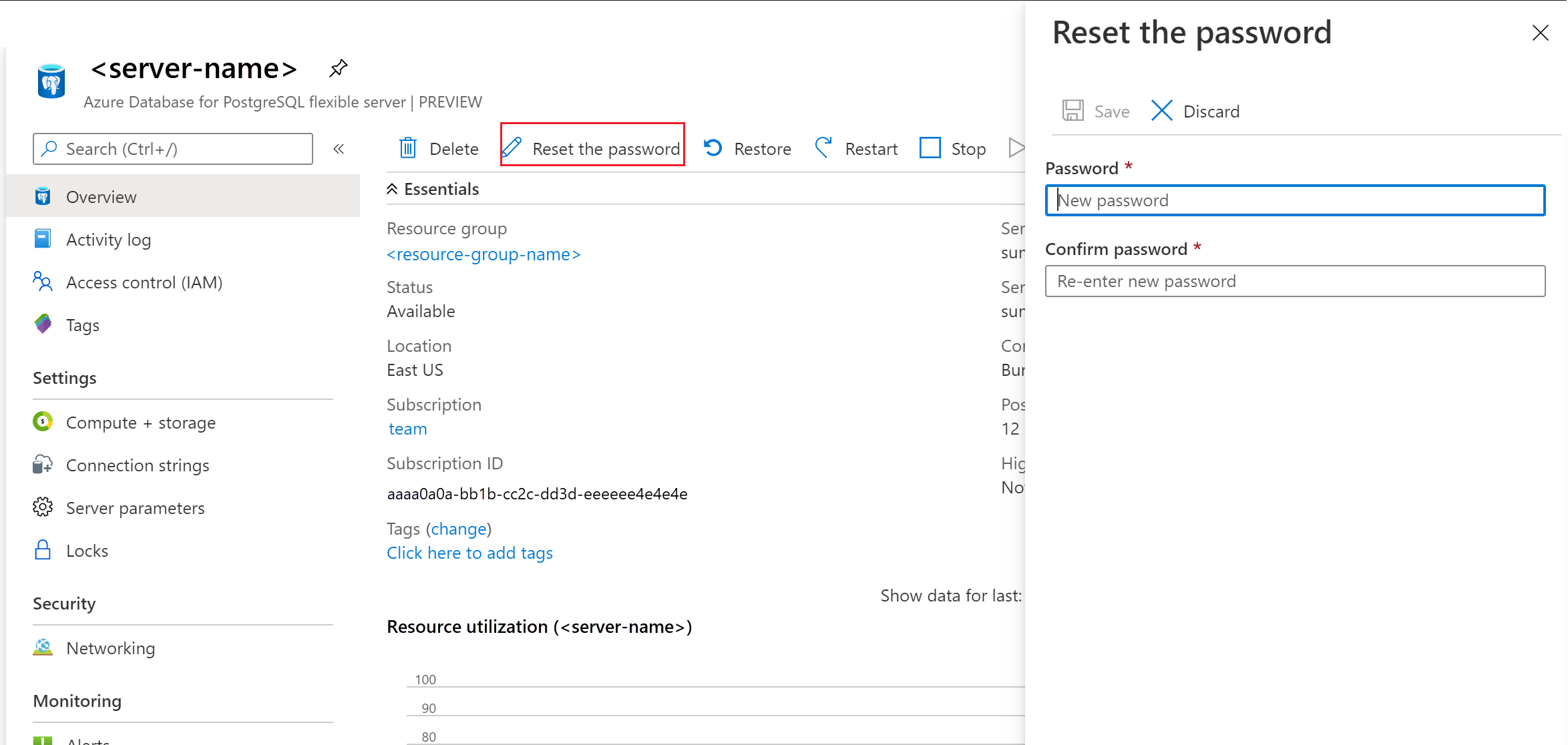 Reset your password for your Azure Database for PostgreSQL flexible server.