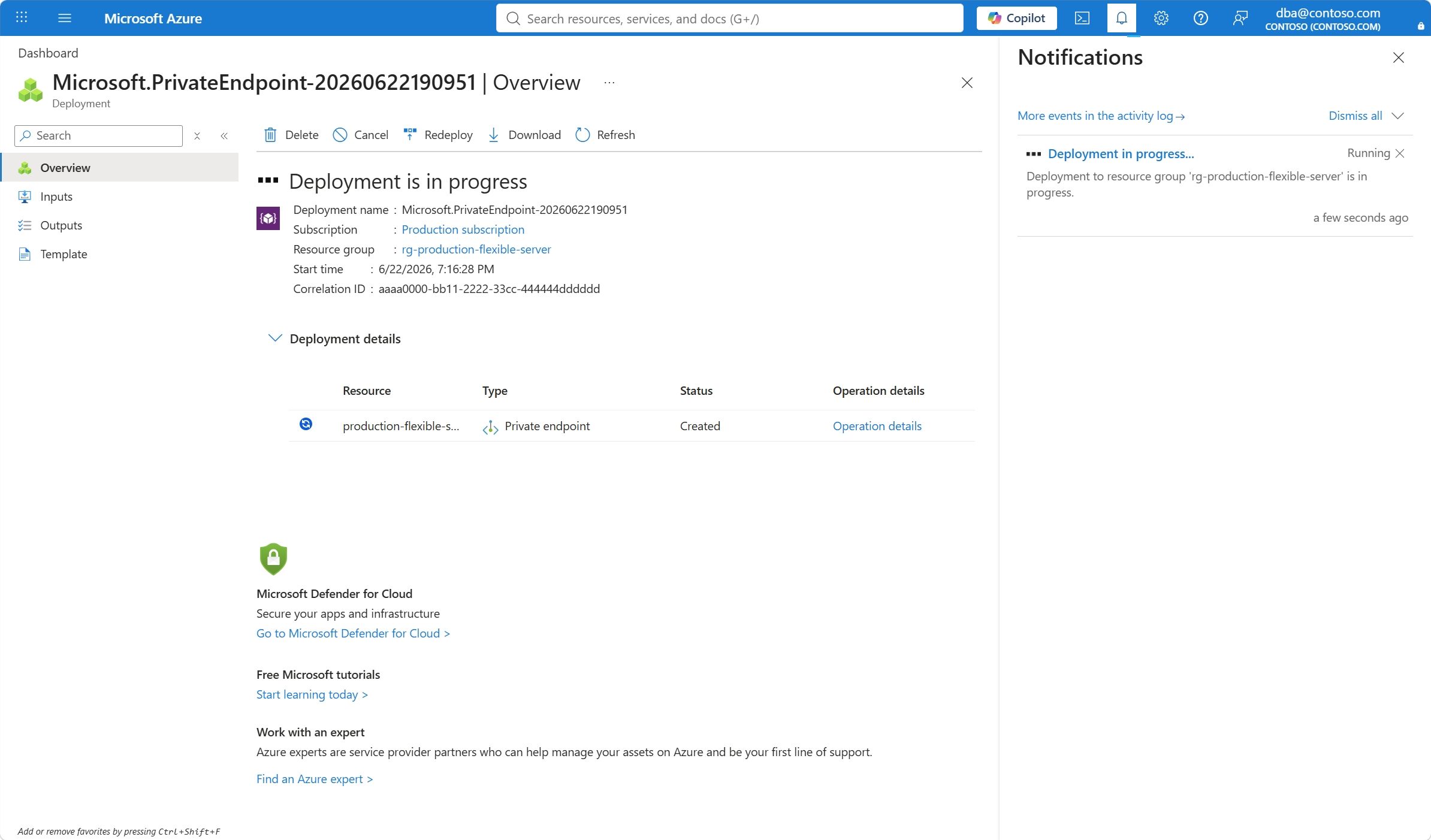 Screenshot showing the in progress deployment of the private endpoint.