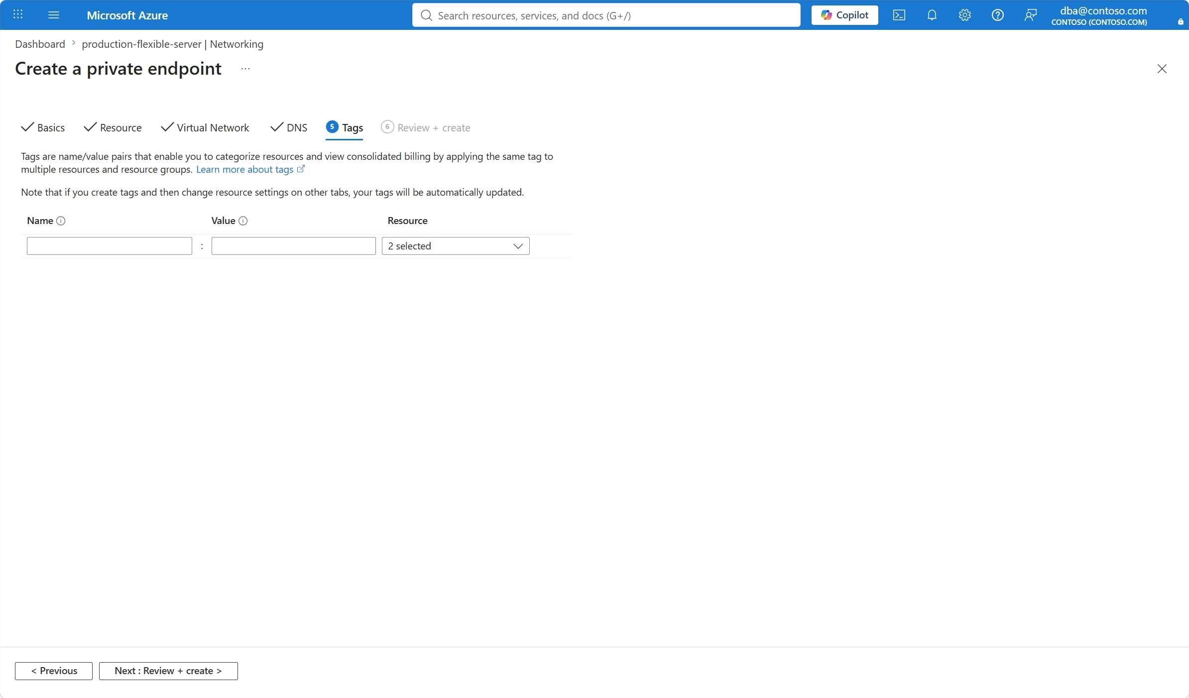 Screenshot showing the Tags page of Create a private endpoint.