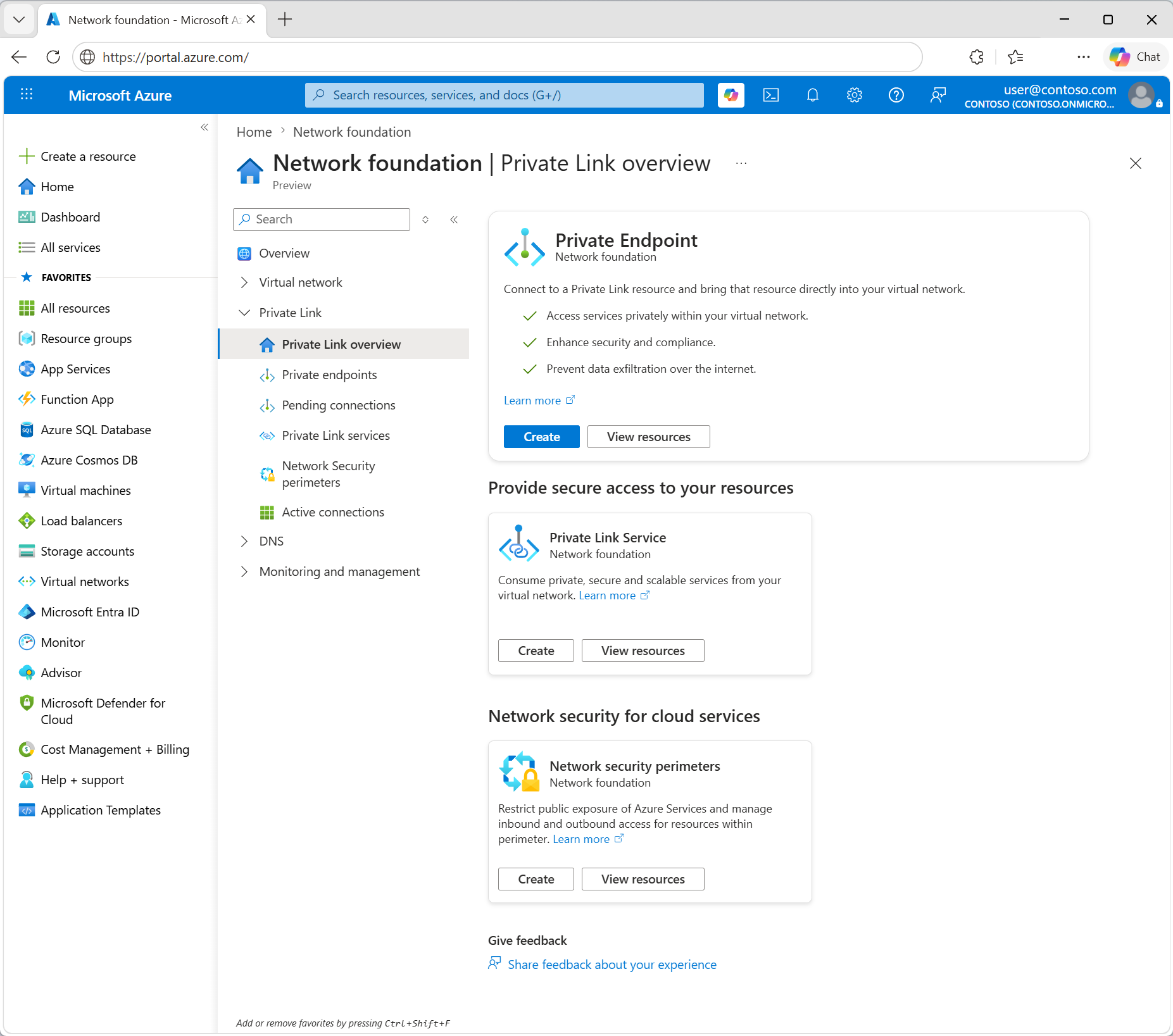 Screenshot of Azure Private Link center in Azure portal.