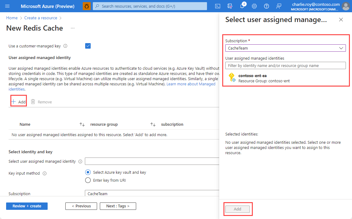 Screenshot of the user-assigned managed identity selection pane for customer-managed key encryption in Azure Managed Redis.