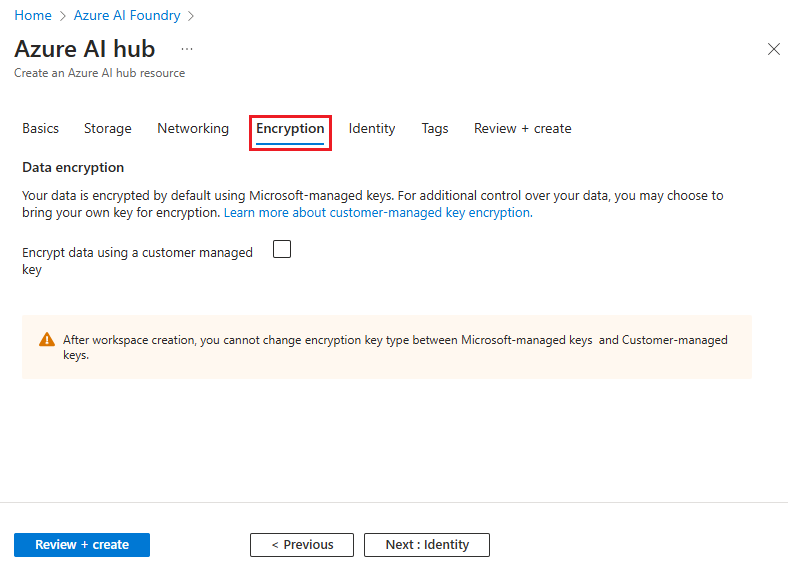 Screenshot of the Create an Azure AI hub with the option to select your encryption type.