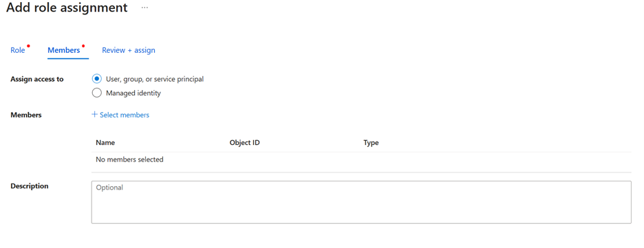 Screenshot of the add members page within the Azure AI hub Azure portal view.