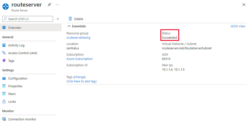 Screenshot showing Route Server overview page confirming successful deployment.