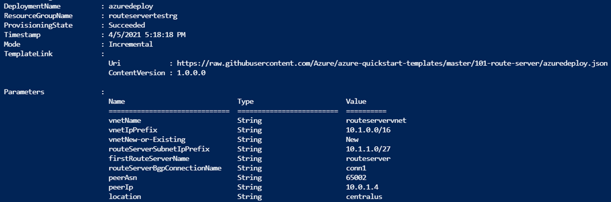 Screenshot showing Route Server Resource Manager template PowerShell deployment output.
