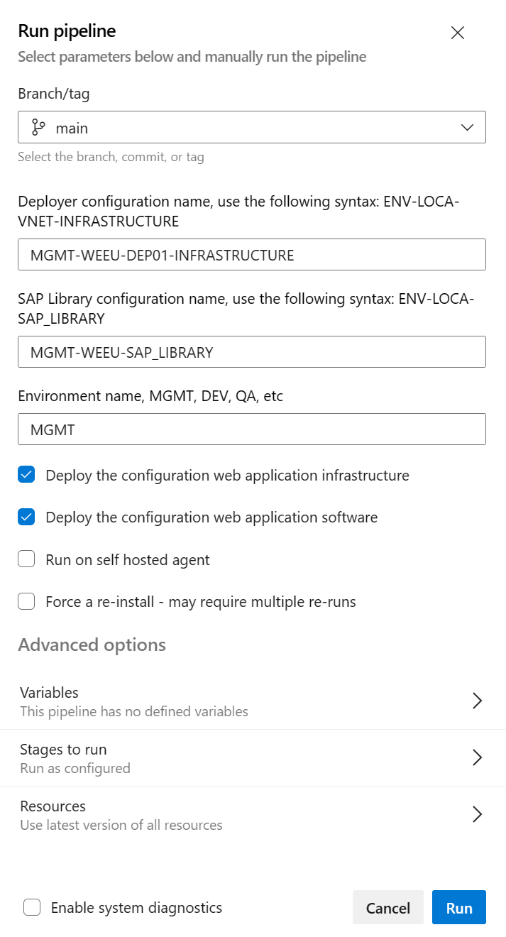 Screenshot that shows the Run pipeline dialog for the control plane deployment.